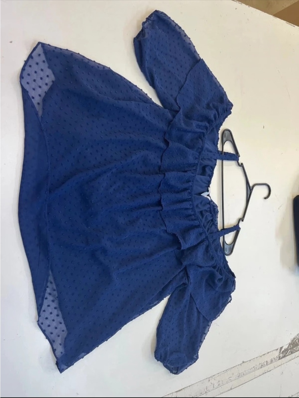 Boutique 9 Navy Blue Off-Shoulder Swiss Dot Blouse